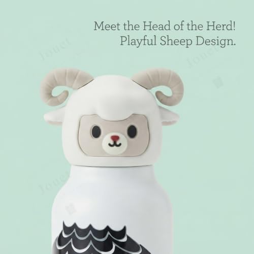 Image of JOUET Kids Stainless Steel Water Bottle 280ml with Cute Sheep Character Lid, White Leakproof Drinking Bottle for School, Travel & Daily Use