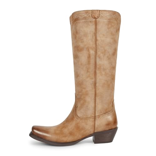Image of wetkiss Women's Pointed Toe Cowboy Boots | Knee High Cowgirl Boots, Retro Embroidery, Chunky Heel, Pull-On, Style for a Classic Western Look,Stable and Comfortable