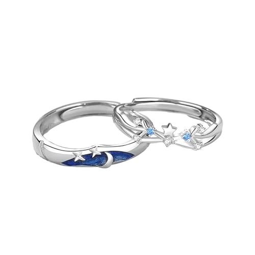 Alliance pour couple bleu argent gravée lune étoile, bague fiançailles 925