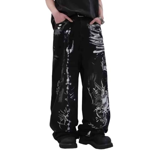 BXCNCKD Unisex Graffiti Letter Printed Jeans Street Trendy Loose Wide Leg Straight Pants