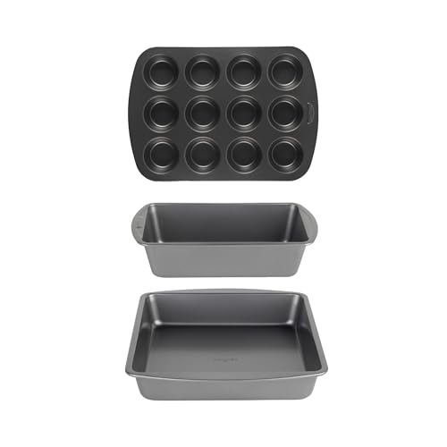 Salter Recycled 3-Piece Bakeware Set – Includes 27 cm Square Tin, 28 cm Loaf Pan & 12-Cup Muffin Tray, 100% Recycled Carbon Steel Bakeware, Non-Stick Easy-Clean Surface, Oven-Safe to 220°C