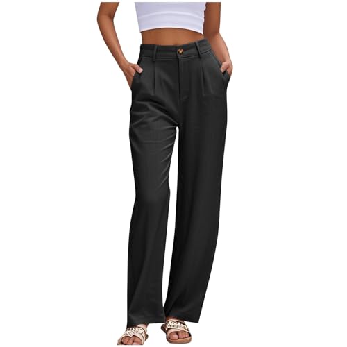 Pantalones Mujer Verano Anchos Suelto Rectos Cintura Alta Pantalon de Vestir Casual Elástica Pantalón Chino con Botones Cómodos Frescos Oficina Pantalones de Traje con Bolsillos