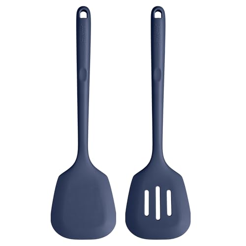 U-Taste Espátula de silicona extra larga: Espátula de cocina sólida y ranurada resistente al calor hasta 315 ℃, aleta de cocina para freír panqueques pescado (Azul Medianoche, 2 piezas)