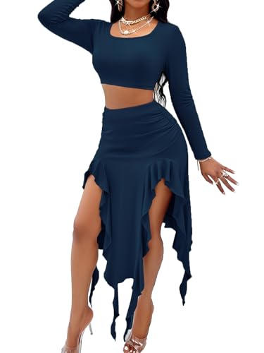 Image of BARASA Women Summer 2 Piece Skirt Sets Comfy Ruffle Trim Irregular Split Sexy Y2k Club Party Tops Jellyfish Skirt Suits S69