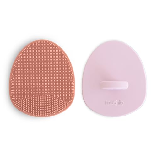 Image of mushie Baby Bath Cradle Cap Brush | Soft Silicone Bristles for Dry Skin, Eczema, & Cradle Cap Treatment | 2-Pack (Rose/Soft Lilac)