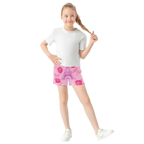 Girls Lounge Shorts EiffelTower Rose Pink Print Summer Activewear Comfy Athletic Pajama Bottoms Kids Teens, X-Small2
