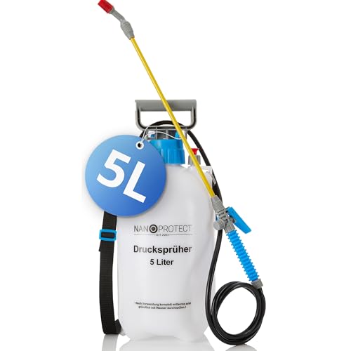 Nanoprotect Drucksprüher 5 L | Universelle Sprühflasche für Essigsäure, Wasser, Dünger und mehr | Mit Schlauch, Tragegurt und Verstellbarer Düse aus Kunststoff | Pumpsprüher