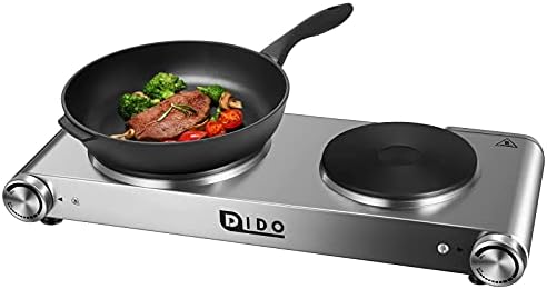 DIDO 1800W Hot Plate, Portable Electric Stove Countertop Cast-Iron Double Burner with Adjustable Temperature& Anti-Slip Feet, Stainless Steel Cooktop for Home/Camp/RV, Compatible for All Cookwares