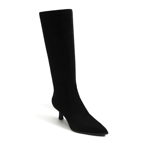 ZJGZF Black Suede Knee High Boots for Women Kitten Heel Pointed Toe Tall Boots Low Heeled Side Zipper Long Shoes Fashion Dessy