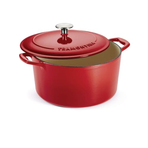 Image of TRAMONTINA Bestow Round Dutch Oven 6.1L with Lid | Enameled Cast Iron Casserole Pot & Biryani Pot | Even Heat Retention | Low Oil Healthy Cooking | No Seasoning Required | All Cooktops Compatible | Red