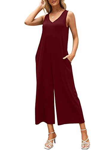 Nfsion Women's Summer Casual Loose Tank Jumpsuit Sleeveless V Neck Jumpsuits Rompers With Pockets Wine Red Large #TOP3