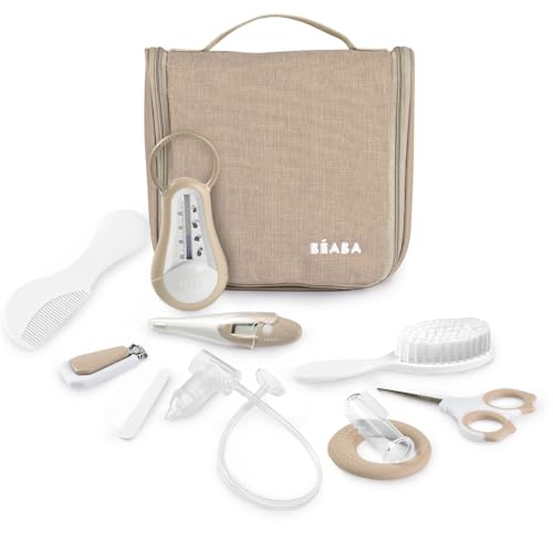 BÉABA Trousse de Toilette Bébé Nomade – 10 Accessoires Soins Dès la Naissance – Crochet Rotatif, Format Compact, Double Zip – Thermomètres, Coupe-Ongles,...