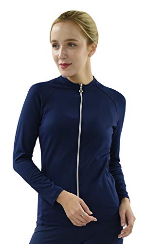 Private Island Women UPF 50+ Rash Guard Front Zip Up UV Long Sleeve Swimsuit Top (XS, Navy)
