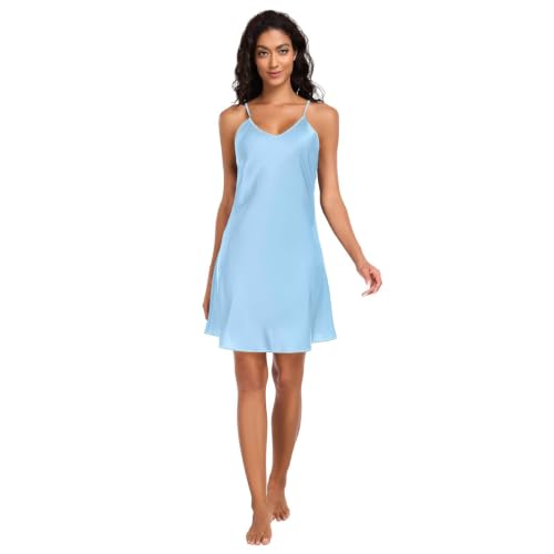 Chemise de nuit en soie bleu clair pour femme avec col en V et bretelles réglables