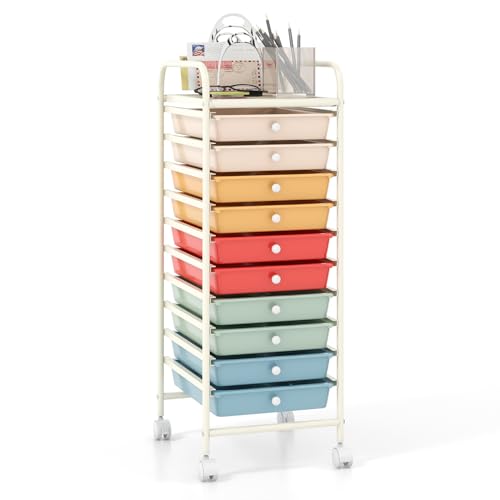 GOPLUS Carrito Auxiliar con 4 Ruedas, Carro de Servicios con 10 Cajones, 2 Ruedas con Frenos, Carro de Almacenamiento de Estructura Metálica para Cocina Oficina Baño (Macaron Multicolor)