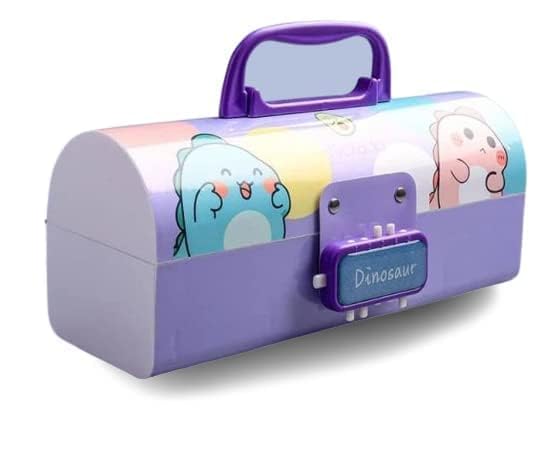 OANGO Plastic Pencil Box With Code Lock - Multi-Layer Case for Kids With Password Lock - Pen Case for Boys Girls (Purple Dino)