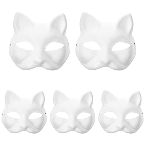 ARTIBETTER Paper Mache DIY Cat Masks White Paper Face Blank Hand Painted Design for Dance Party Festival Performance- 5 Pcs White Mask Costume