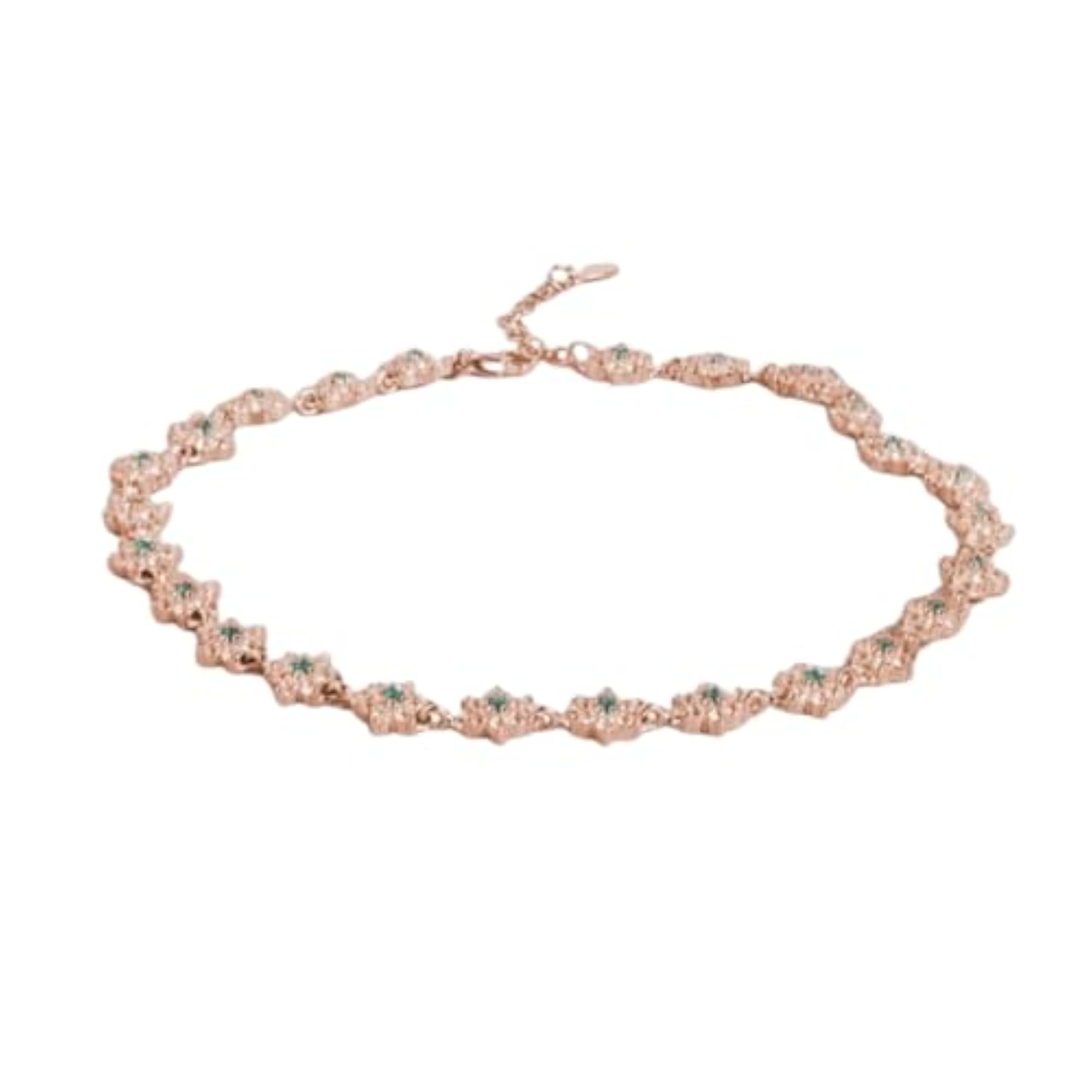 925 Sterling Silver CZ Floral Rose Gold Plating Chain Anklet