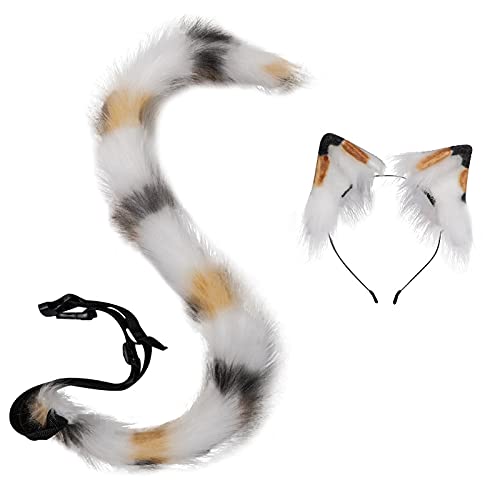 Fxaelian Cosplay Long Cat Tail and Ears Headband Set 2 PCS Pack Costume Accessories - Spots Orange Black