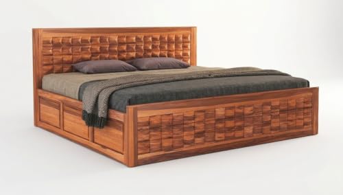 Image of Diamond Solid Sheesham Wood Queen Size Bed with Storage & Bedside|Wooden Box Queen Size Double Cot Bed with Storage Box+2 Side Tables for Home, Bedroom,Living Room,Hotel|Honey Finish
