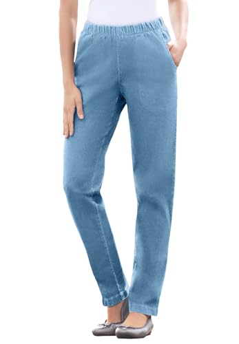 Woman Within Plus Size Straight Leg Elastic Waist Stretch Fineline Denim Jean (Petite & Tall Available) - 18 W, Light Stonewash
