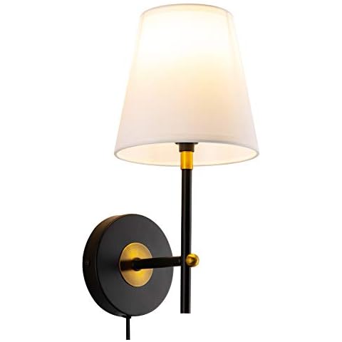 VONLUCE 1-Light Wall Sconce Plug in Cord with White Fabric Shade, Wall Mount Vanity Lamp in Matte Black Finish Hardwired or Plug in, Wall Sconce Light Fixture for Bathroom Bedroom Bedside Cover