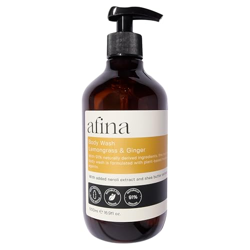 Afina Lemongrass & Ginger Luxury Body Wash - 500ml Shower Gel Bottle - Lemon, Bergamot & Ginger Notes with a Deep Base of Musk, Cedarwood & Heliotrope - Vegan Friendly Body Wash - UK Produced