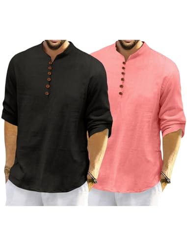 Image of Macsivo Men's Cotton Blend Kurta with Solid Band Collar Full Sleeve Button Closure Regular Fit Curved Hem Length | Kurta for Man | Combo Pack of 2