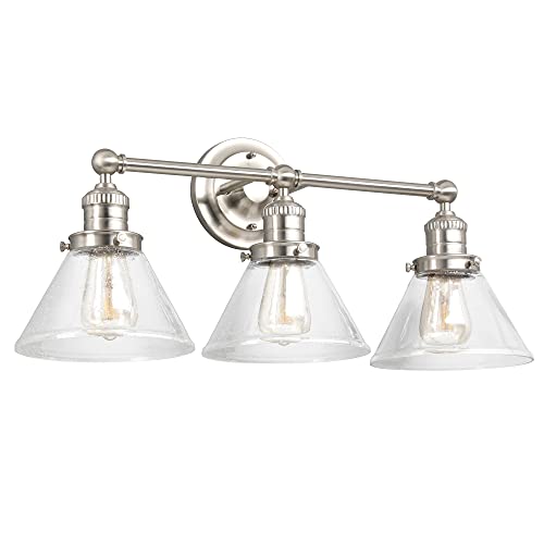 Image of Design House Augustin Vanity Light, 3-Light, Seeded Glass Warm Glow, Dimmable, Up /Down Glow, Easy Installation, E26 Socket, Satin Nickel, 25.9 in L x 8.3 in D x 11.1 in H, 589036-SN