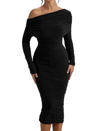 LAGSHIAN Women's Elegant Bodycon Long Sleeve Midi Dress Fall Off The Shoulder Ruched Cocktail Party Dresses