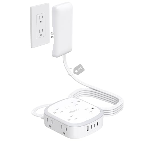 Outlet Cover Extension Cord Flat 6ft, NUTICT Flat Plug Power Strip with 8 Outlets & 3 USB-C & 1 USB-A Port, 13A/1625W, 1440J Surge Protector, Indoor 3 Prong Flat Wall Plug for Tight Spaces, White