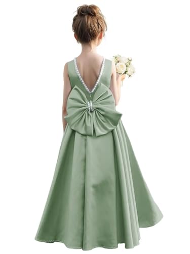 JISISANG Bow-Knot Wedding Party Flower Girl Satin Dress with Pearls Girls V-Back First Communion Formal Evening Dress