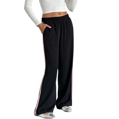 Womens Striped Sweatpants Loose Elastic Waist Wide Leg Drawstring Trousers Casual Long Pants