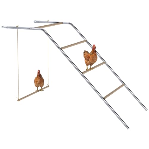 PawHut Perchoir pour Poules à 4 Niveaux en Bois de pin et Acier, échelle balançoire pour Poules, Aire de Jeux pour volailles de Basse-Cour, 82 x 150 x 110 cm, Argent et Effet Bois Naturel
