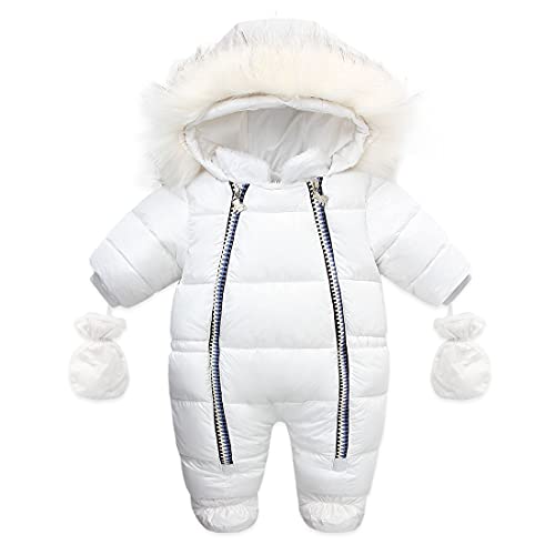 DINGDONG'S CLOSET Baby Boys Girls Winter Snowsuit with Fur Hooded Puffer Outwear Padded Snowsuit with Mittens(White, 6-9M)