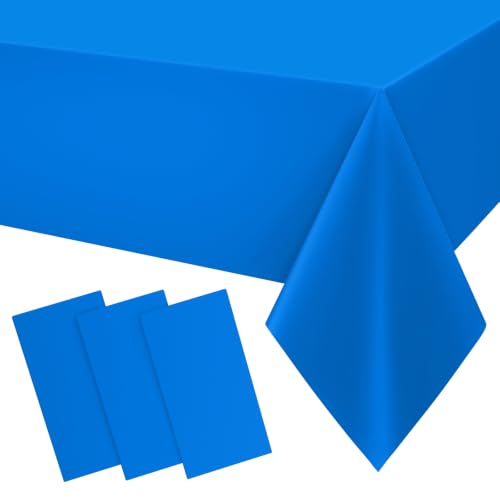 Image of Smiry Disposable Table Cloth 3 Pack, 54 x 108 Inch Waterproof Plastic Tablecloth, Decorative Rectangle Table Covers for Party, Birthday, Picnic, Blue