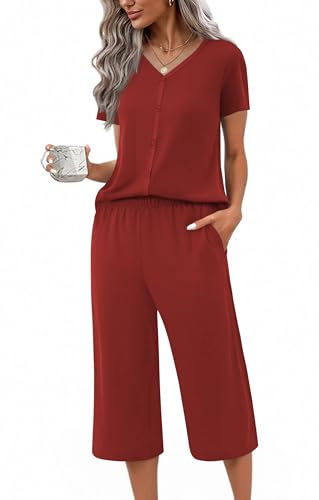 Image of Ekouaer Women's Pajama Sets Short Sleeve Sleepwear Button Up Pj Loungewear Top and Capri Pants with Pockets