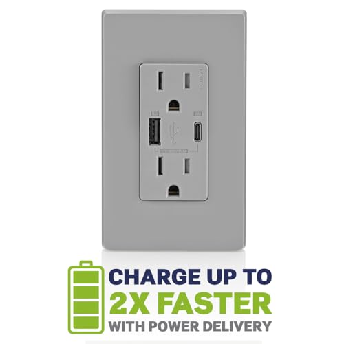 Image of Leviton T5634-G 60W (20V@2.5A+ 5V@2A) USB Dual Type A /Type-C Power Delivery in-Wall Charger with 15A Tamper-Resistant Outlet, USB Charger for Smartphones, Tablets, Laptops, Gray