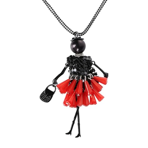 COLLBATH Collier Long Pendentif Fille en Cristal Multicolore Pendentif Poupée Cartoon, Chaîne Métal Légère Rouge, Bijou pour Femmes, Fêtes, Voyages et...