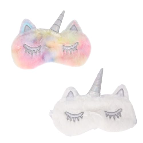 OATIPHO 2個 ユニコーン柄ふわふわプラッシュアイマスク 光遮断やわらか睡眠用カバー 伸縮バンド付き 旅行 自宅 ホテル向け 快適安眠グッズ