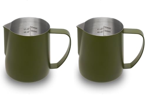 Image of watchget Stainless Steel Milk Frothing Pitcher 12oz /350ml - Espresso Steaming Pitcher for Cappuccino, Latte Art, Coffee Machine Accessories Milk Jug Coffee Frother Cup, Matte Green (Pack of 2)