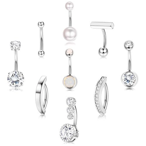 FIASASO 9 Pcs Belly Button Ring Surgical Stainless Steel Belly Rings CZ Belly Button Ring Clicker Belly Piercings for Women Navel Piercings Pack Silver