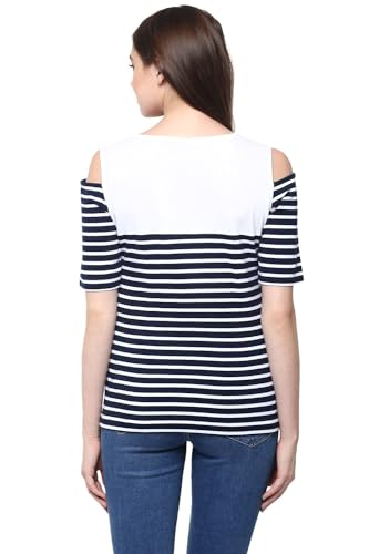 Image of Miss Chase Women's Navy Blue and White Round Neck Half Sleeves Striped Cold Shoulder Top