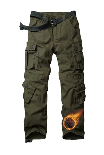 TRGPSG Men's Fleece Lined Hiking Pants Camo Ski Pants Outdoor Ripstop Winter Casual Cargo Pants with 8 Pockets JR55 Military Green 34