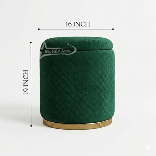 Image of Premium Round Storage Ottoman Stool 16 X 16X 19 inch, with Gold Metal Base | Luxury Pouffe with Hidden Storage | Cushioned Footrest for Living Room, Bedroom & Lounge Dark Green
