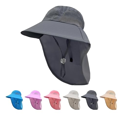 Image of Rosoz Kids Sun Hat with Neck Flap UV Protection Summer Toddler Beach Hat Unisex Ponytail Hat Wide Brim Fishing Hat