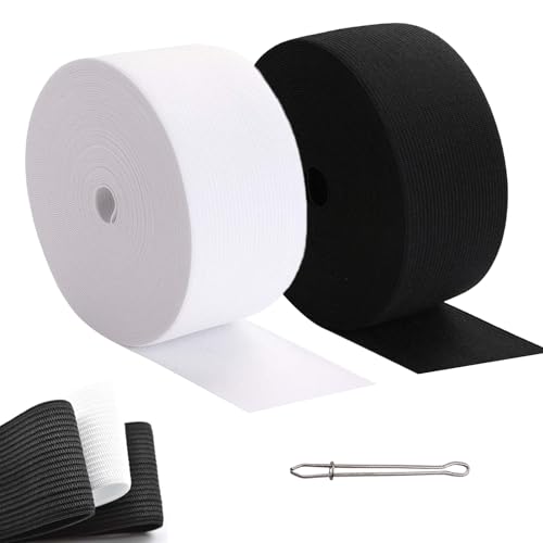 2 Rolls Elastic Bands for Sewing High Elasticity Knit Elastic Bands Thickness 1mm Width 2 inch Length 5.5 Yards/roll with 1 Sewing Clip for Clothes Pants Crafts DIY(White and Black)