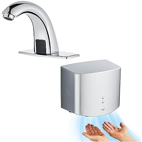 Chrome Touchless Bathroom Faucet and Silver Commercial automatic Hand Dryer Set Cover