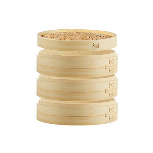 ANSNOW Bamboo Steamer, 3 Cages and 1 Lid Internal Depth 6Cm for Traditional Cooking for Rice Dim Sum Vegetables Meat and Fish Steamed/26Cm