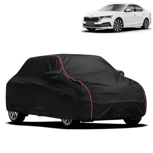 Image of Waterproof Car Cover for Skoda Slavia | All-Weather Protection, Dustproof & UV Resistant | Triple Stitched Mirror Pockets, Windproof Buckle Strap with Elastic Hem, Black-Red Piping